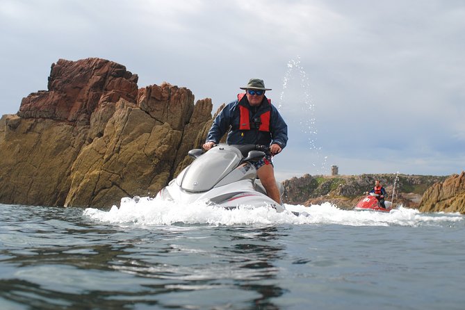 Escorted Coastal Tour by Jet Skis from St. Aubin - Riding west along Jersey’s south-west coast